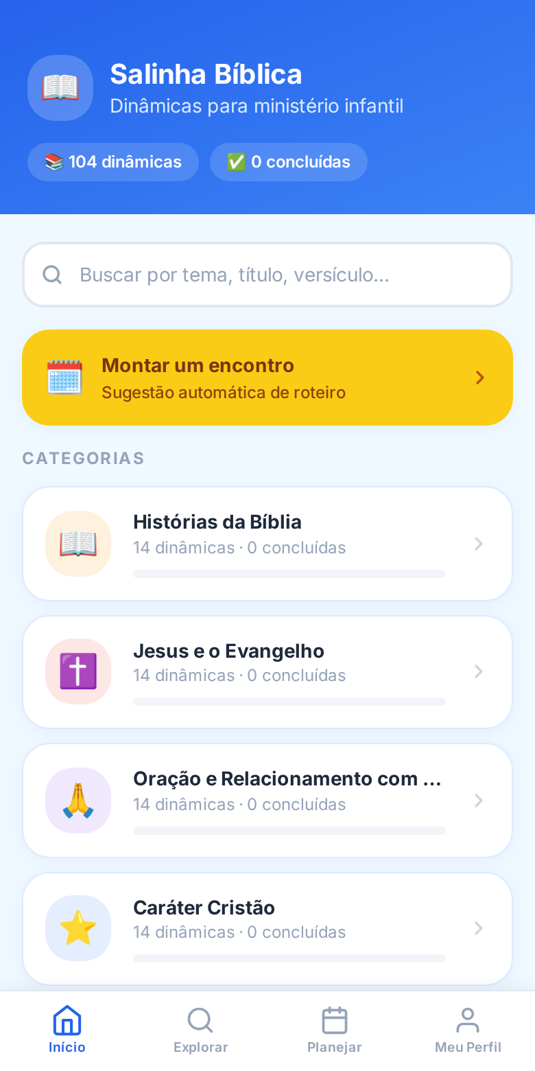Tela do aplicativo: biblioteca com 104 dinâmicas organizadas por categoria