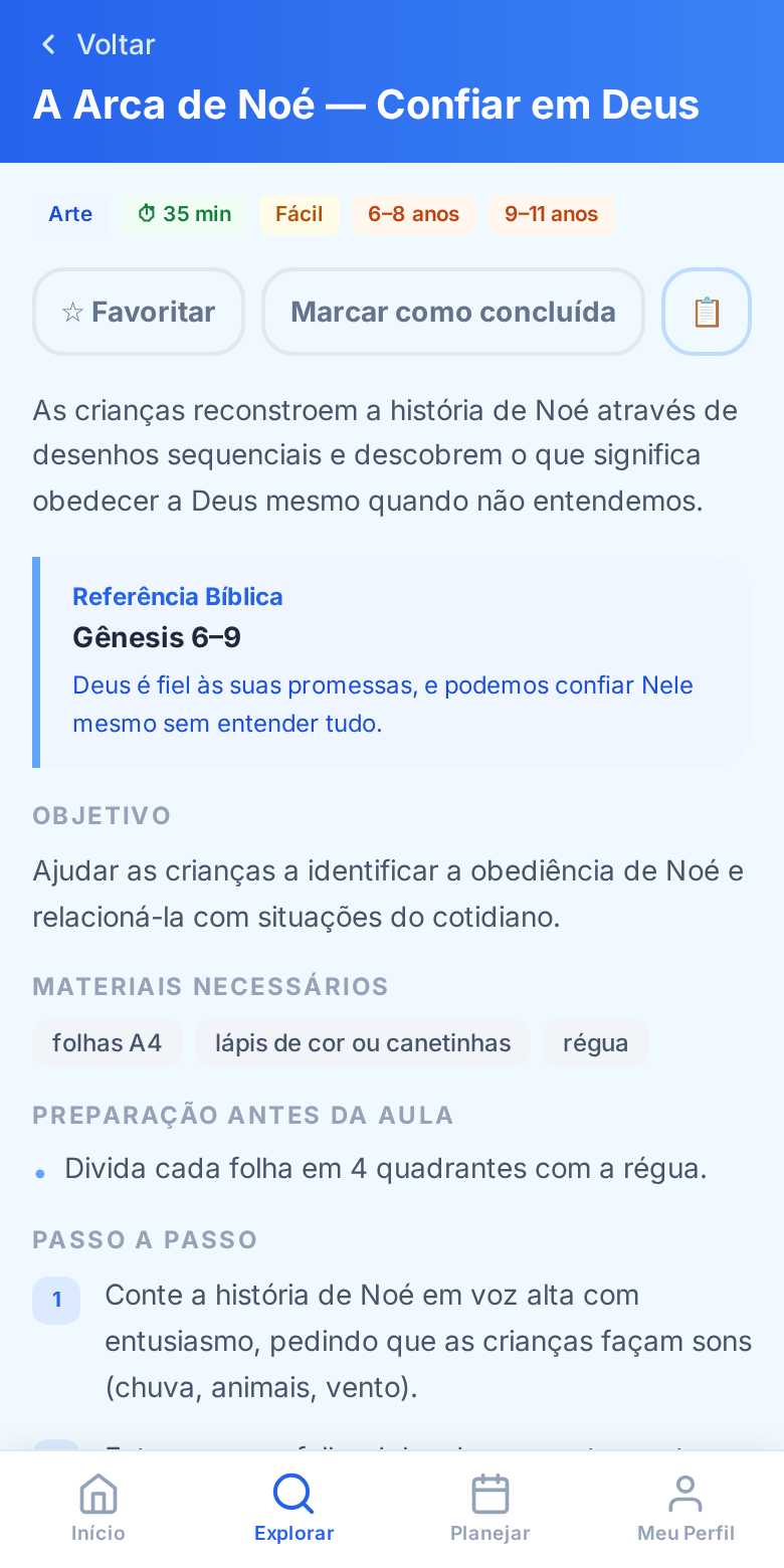 Tela do aplicativo: detalhe de uma dinâmica com objetivo, materiais e passo a passo